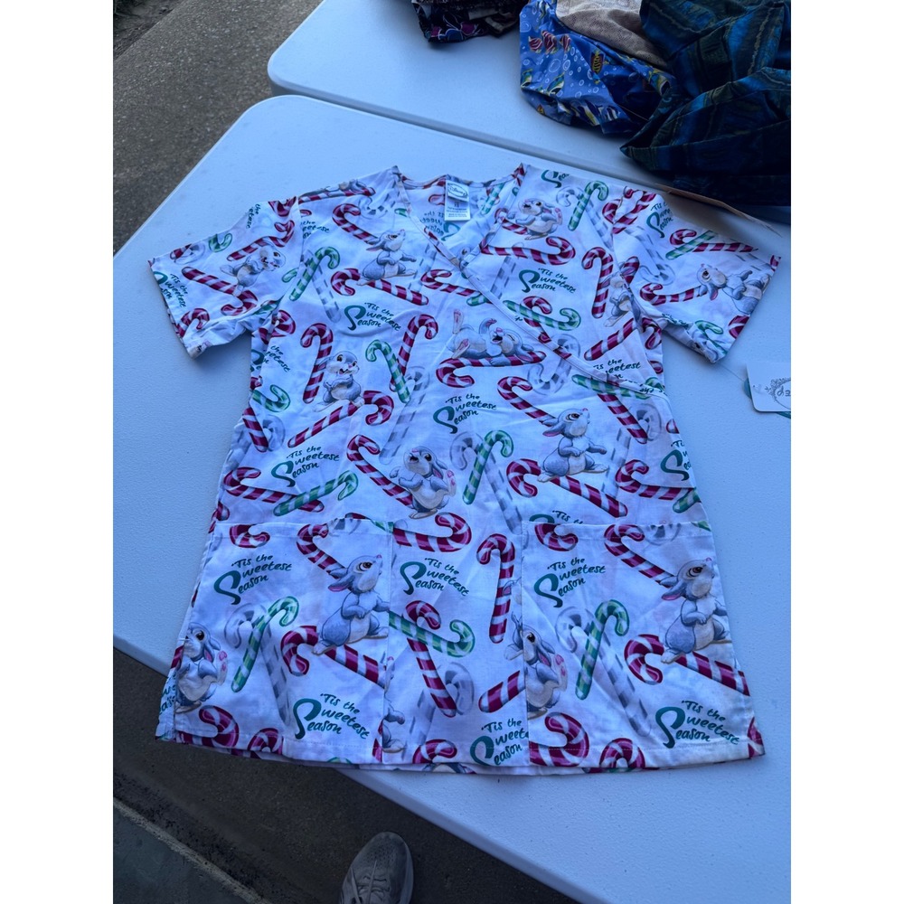 Disney Thumper Bambi Christmas Scrub Top XS White Candy Cane Holiday Mock Wrap